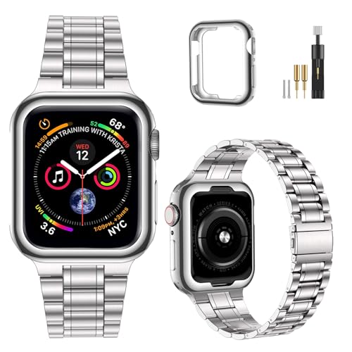 Image of MioHHR Solid Stainless Steel Band Compatible with Apple Watch 41mm, Metal Strap with Soft TPU Case for iWatch Series 9 8 7 Women and Men, Silver