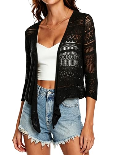 Image of Spicy Sandia Tie Front Sheer Shrug 3 /4 Sleeve Cropped Crochet Cardigan for Summer Lightweight