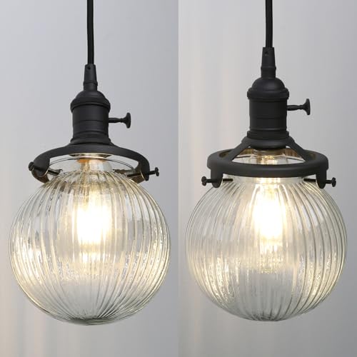 Image of Phansthy Kitchen Island Lighting, 3 Lights Linear Chandeliers, Hanging Light with 5.9 inch Globe Striped Glass Shade, 3-Light Pendant Light Fixtures for Dining Room Farmhouse (Black, Long Base)