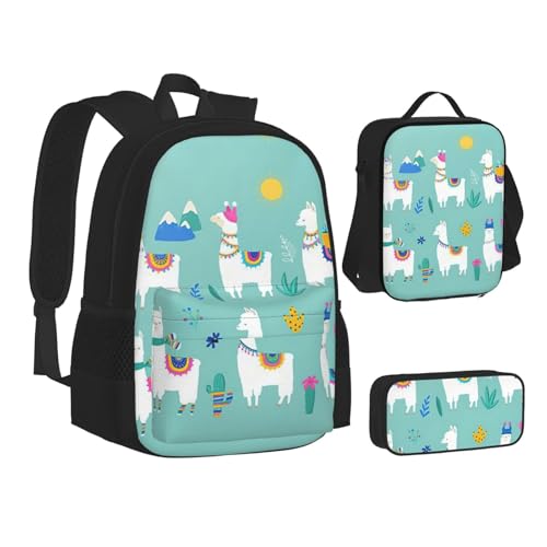 Alpaca Llama Print 3 Piece Set Backpack, Lunch Bag, Pencil Case, Cute Sturdy For College And Travel2