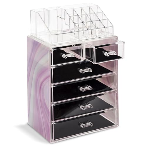 Image of Sorbus Acrylic Makeup Organizer Set, 6-Drawer Vanity & Countertop Cosmetic Storage with Small & Wide Compartments, Tie Dye Makeup Storage for Brushes, Jewelry - Holiday Gift for Women & Teens