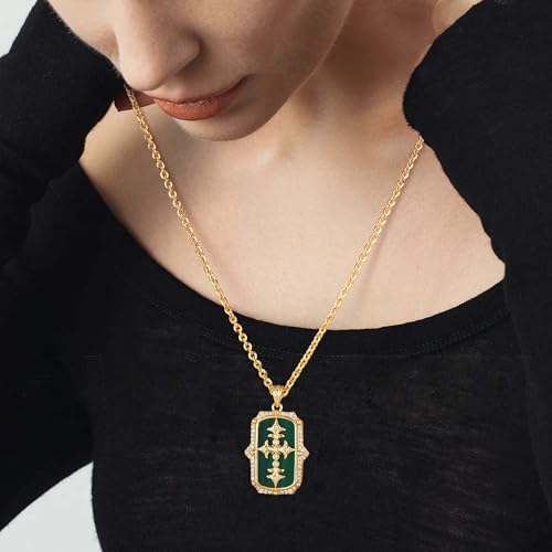 Fettero Necklaces for Women Trendy 14K Gold Plated Charm Necklace Green Malachite Heart Coin Butterfly Cross Clover Pendant Dainty Gold Necklace for Women Jewelry