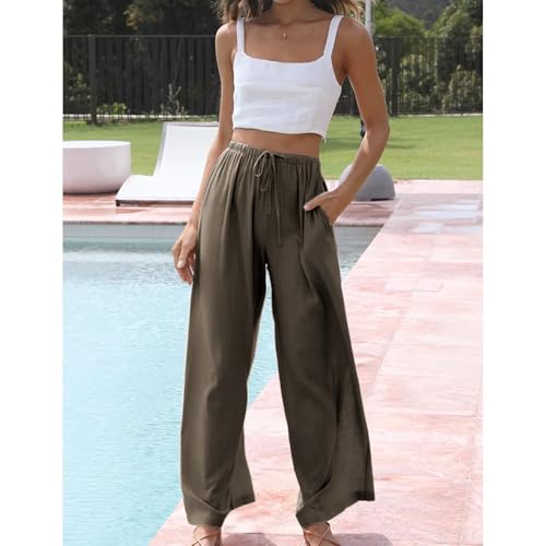 Image of Duyang Womens Cotton Linen Palazzo Pants Drawstring Elastic Waist Casual Wide Leg Trousers with Pockets