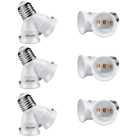 DiCUNO 2 in 1 E26 Socket Splitter Adapter, Two E26 Standard Medium Base Bulbs in One Socket Y-Shape Lamp Holder Converter, Maximum 200W and 165℃ Heat Resistant Light Bulb Splitter 6Pcs Cover
