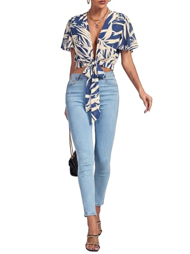 Image of LYANER Women's Sexy Deep V Neck Tie Front Wrap Cropped Blouse Bell Short Sleeve Ruffle Crop Tops