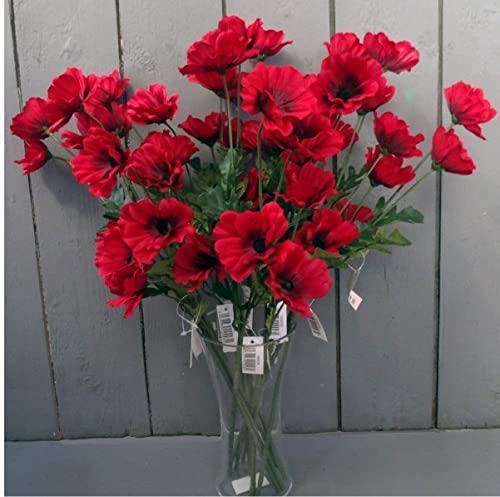 10 tallos de amapola roja de 45 cm, 4 cabezas de flores por tallo, amapolas rojas silvestres con hojas