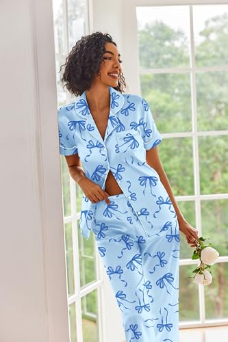 Image of Ekouaer 2 Piece Satin Short Sleeve Pajamas Set Button Down Sleepwear | Soft Pjs Set Classic Loungewear for Wedding, Party, Home, Daily Wear, Date Nights