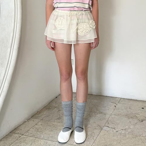 DSORVICD Women Sheer Layered Mini Skirt Rose 3D Embroidery Short Skirt Club Drawstrings Waist See Through Cover Up3