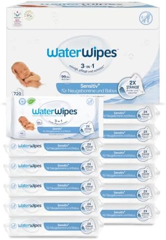 WaterWipes Original Baby Wipes, 720 Stück (12 Packungen), 99,9 % Wasser, 3-in-1-Reinigung, Pflege, Schutz, parfümfrei, Verpackung kann variieren
