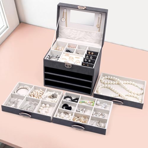 Image of BucketList Luxury PU Leather Jewellery Organizer Box with Mirror & Lock | 3 Drawer Jewelry Storage Case with Ring Rolls & Compartments (4 Drawers Jewelry Box with Mirror (Black))