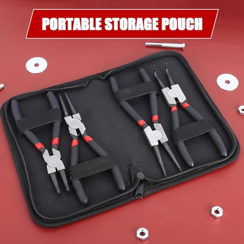 YHNDECO 4 Stück Sprengringzangen Set, 180mm Sprengringzangensatz mit Tragbarer Tasche Sicherungsringzange für Innen- und Außensicherungen, Gerade Und Gebogen Seegeringzange