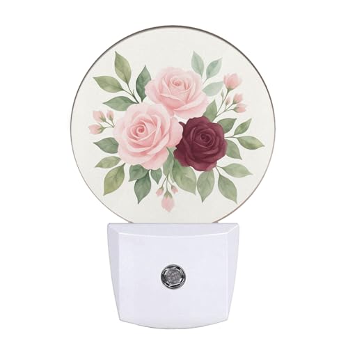 Image of EKOBLA Vintage Flower Night Light, Pink Red Roses Bouquet Retro Floral Night Lights Plug Into Wall with Dusk to Dawn Sensor for Bedroom, Bathroom and Living Room