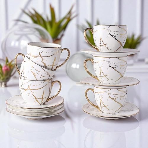 Image of Bone China Gold Line Cup with Saucer Set of 12 Pcs | Tea /Coffee Cups 200 ml | Microwave & Dishwasher Safe | Bone-Ash Free | Crockery Set Ideal for Daily Use & Gifting (White)
