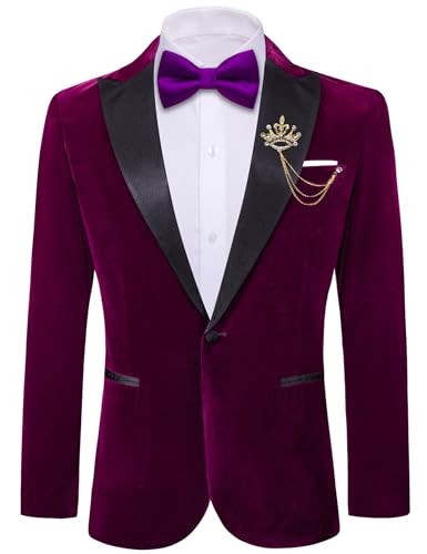 Image of Barry.Wang Velvet Mens Blazer Mardi Gras Sport Coat Brooch Regular Fit Tuxedo Peaked Lapel Suit Jacket Carnival Parade