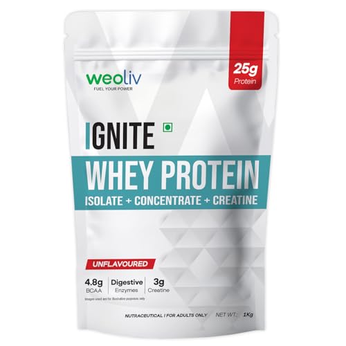 Image of Ignite Whey Protein Powder 1kg | 25g Protein + 3g Creatine Per Serving | Blend of Whey Isolate & Concentrate | 5X Digestive Enzymes | Low Carb, Fast Absorbing | NABL Lab Tested | Unflavoured