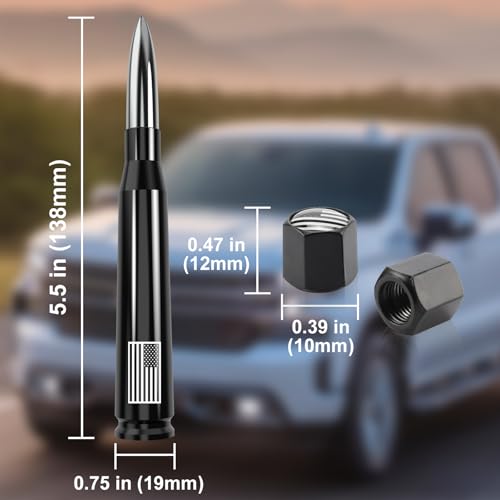 Image of Car Truck Antenna with Valve Stem Cap American Flag Universal Short Replacement for GMC Sierra Chevy Silverado Dodge Ram 1500 2500 3500 Ford F150 F250 F350 Super Duty Raptor Accessories, Chrome