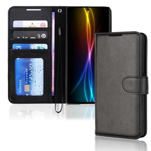 TECHGEAR Galaxy S23 Ultra Leather Wallet Case Flip Protective Case Cover with Wallet Card Holder Stand and Wrist Strap - Black PU Leather with Magnetic Closure Designed For Samsung S23 Ultra 5G