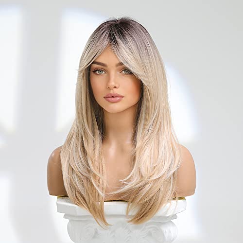 Blonde Wigs For Women Long Blonde Wig With Bangs Layered Synthetic Hair Wig With Dark Roots (22 Inch) #TOP1
