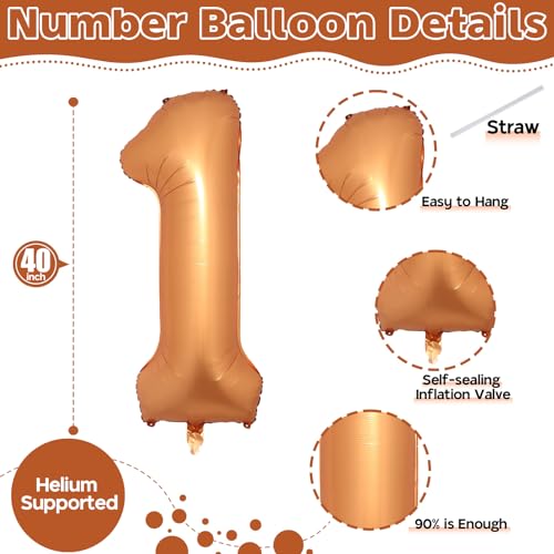 Image of Orange Number 1 Balloon, Large Self Inflating Foil Number Balloons 1 Decor, 40 Inch Helium 1 Number Balloon for Girls Boys 1st Birthday Baby Shower Anniversary Celebration Party Decorations Supplies