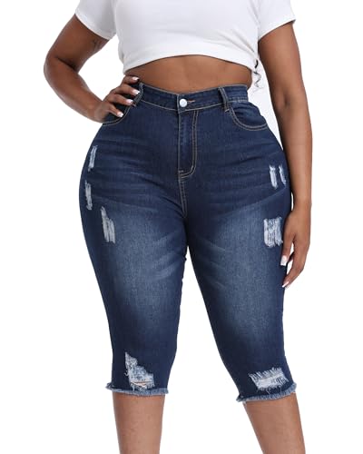 Gocolloa Plus Size Capris for Women 17 Inseam Stretchy Capri Jean Shorts High Waisted Cropped Pants Royal Blue 22W