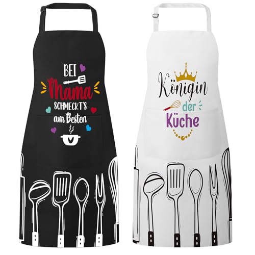 Utensilsto 2er-Set Kochschürze für Damen,lustige Schürzen mit Sprüchen Königin der Küche & Bei Mama Schmeckt's am Besten,Verstellbare Grillschürze mit Taschen,Geschenk für Mutter & Frauen