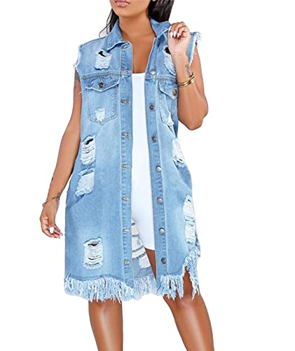 Veste en jean déchirée sans manches mi-longue femme mode denim