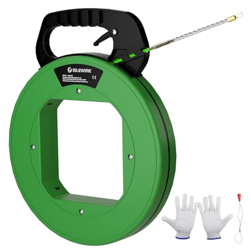 islewire 125 ft Electrical Fish Tape Wire Puller, 3/16-Inch PET Non-Conductive Cable Puller Tool with Steel Leader and Ergonomic Handle for Wall & Conduit Cable Pulls, Green