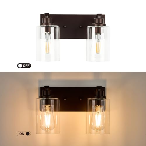 Image of 2-Light Bathroom Light Fixtures Modern ORB Vanity Lights | Easy to Install Clear Glass Shades, Wall Mount Up or Down, E26 Socket, Hardwired, 120V