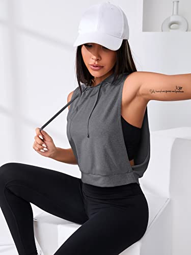Sweatyrocks Women's Sleeveless Drawstring Crop Hoodie Sweatshirt Cut Out Athletic Workout Shirt Dark Grey S #TOP1