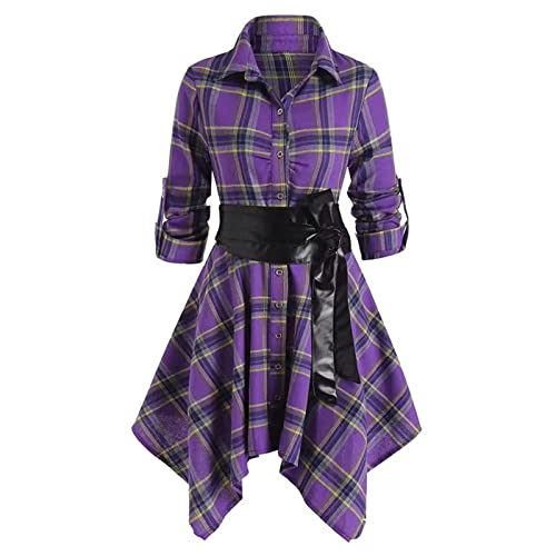 EGSDMNVSQ Freizeitkleider Damen Kariert Hemdkleid Langarm Mode Revers Kleid mit Knöpfe Casual Herbstkleid Kleider Slim Fit Shirts Blusenkleid Damen Elegant Cover