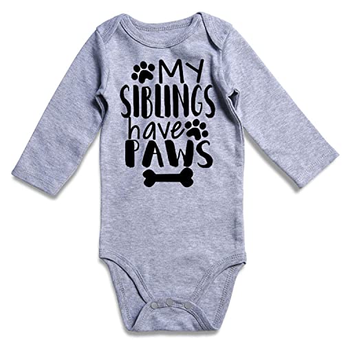 Image of Funnycokid Baby Boys Girls Bodysuit My Siblings Have Paws Newborn Stuff Gender Neutral Announcement Romper 6-12 Months Funny Clothes Long Sleeve Outfits Bulk Infant Jumpsuit Pregnancy Reveal Grey
