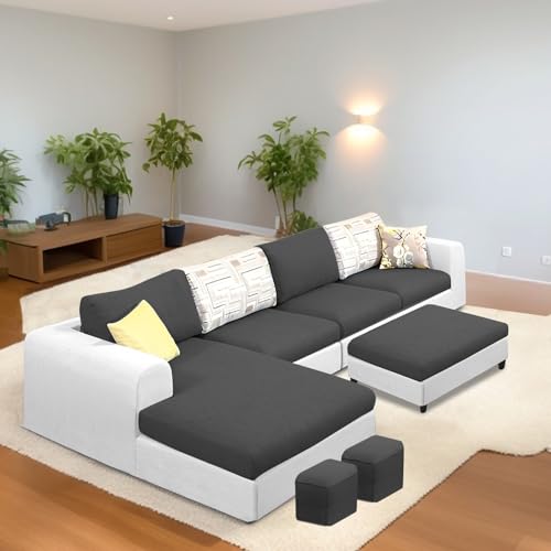 Image of Koza LHS 8 Seater L Shape Sofa Set with Center Table for Living Room (Black Grey Fabric) Premium Fabric Sofa
