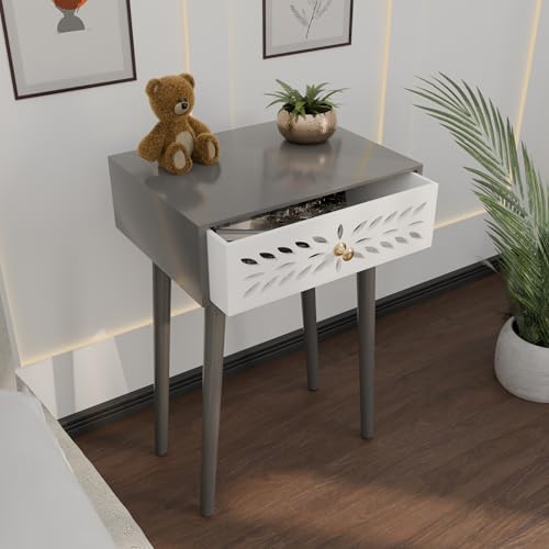 Image of Ereteken ART Nightstand Bedroom Carved Beside Table Made of MDF, Night Stand with 1 Drawers end Table for Bedroom /Living Room-White (Grey)