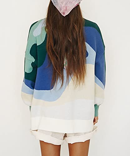 MISSACTIVER Women Casual Knitted Mock Neck Sweater Print Colorblock Long Sleeve Loose Fit Pullover Knitwear2