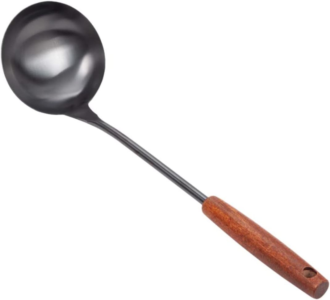 Homoyoyo Elegant Stainless Steel Soup Ladle Wooden Handle Kitchen Cooking Utensil Heatproof Non-Slip