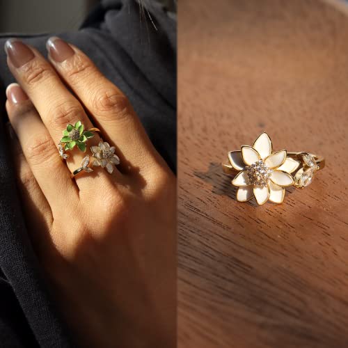 Sonateomber White Daisy Flower Adjustable Gold Ring For Women, Trendy Statement Diamond Rhinestone Enamel Lotus Front Open Floral Jewelry Gift thumb #3