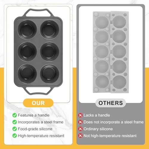 2 Pcs Silicone Muffin Trays with Metal Handles, 6 Cup Non Stick Yorkshire Pudding Tray, Giant Cupcake Tray with Metal Frame, Deep Muffin Tin, Yorkshire Pudding Tin for Baking Pan,Oven(Grey) - Image 3