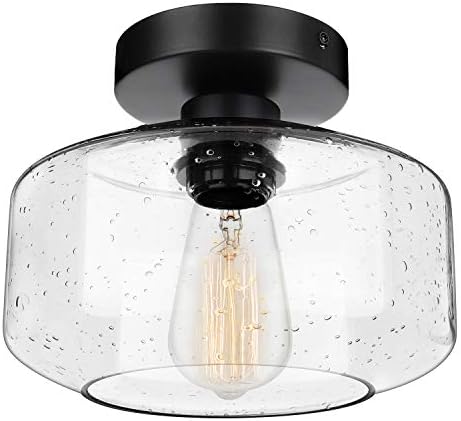 SunRider Industrial Semi-Flush Mount Ceiling Light, Seeded Glass Pendant Lamp Shade, Black Farmhouse Lighting for Bedroom Kitchen Hallway Porch, Modern Indoor Hanging Light Fixtures, Bulb Not Included