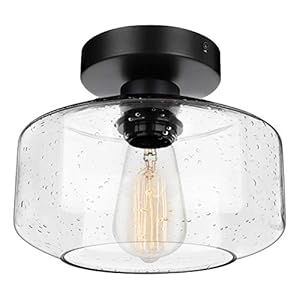 SunRider Industrial Semi-Flush Mount Ceiling Light Fixture, Modern Seeded Glass Pendant Lamp, Black Farmhouse Hanging Lighting for Bedroom Hallway