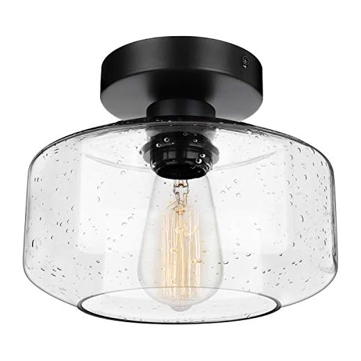 Industrial Semi-Flush Mount Ceiling Light, Seeded Glass Pendant Lamp Shade, Black Farmhouse Lighting for Hallway Porch Corridor Kitchen Bedroom, Modern Indoor Hanging Light Fixtures, Bulb Not Included