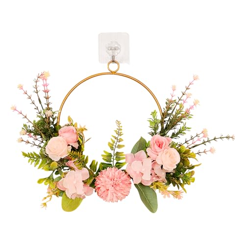 Romcade Artificial Flower Wreath Faux Pink Floral Wreath 35cm Spring Summer Faux Floral Wreath for Front Door Wall Home Window Garden Wedding Festival Party Backdrop Decoration, FXWALOR-24001