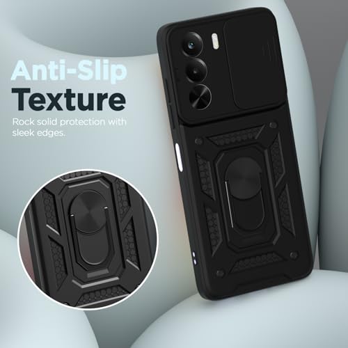 Image of Pikkme Back Cover for Realme P4x 5G | 360 Protection Case | Sliding Camera Shield Cover & Ring Holder Stand D10 Tough Armor Bumper Case (Black)