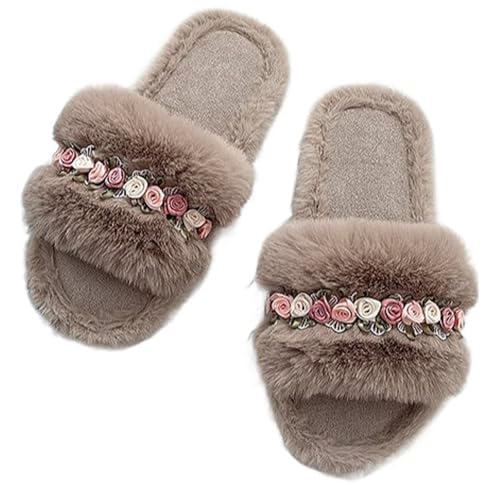 Floral Plush Slippers For Women Comfortable Fur Slides Flat Indoor Slip-On Fluffy Sandals Home Slipper