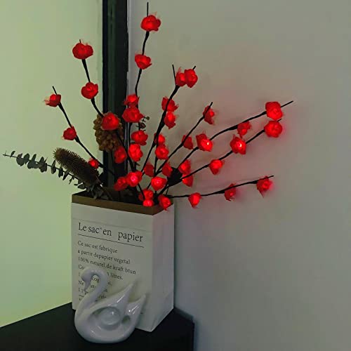 Sezrgiu 2 Pack Artificial Rose Led Flower Branch Decor, 20 Lighted Lace Rose Bouquet Tree Twig Lamp For Home Christmas Party Wedding Birthday Indoor Decor (Red Rose) #TOP4