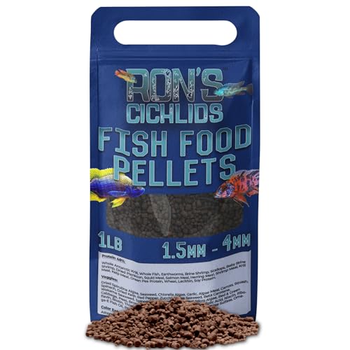 RON'S CICHLIDS Fish Food Pellets - USA Made Slow Sinking Pellets & Sticks Feed, Zero Fillers, Koi, Pond, Goldfish, Tetra, Pleco, Oscar, Angelfish & Tropical Aquarium Fish, 1.5mm-4mm, Adult Blend 1 LB