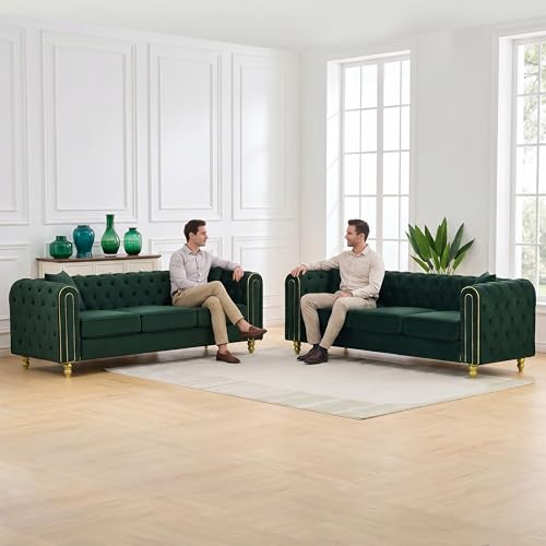 Chesterfield 2 Piece 86" Green Velvet Sofa Sets, 3+2-Seater Couch Comfy Velvet Sofa, Button Tufted Rolled Arms and Gold Legs for Primary Living Space (Green, 2 Piece 86" 3-Seater Sofa, Velvet)
