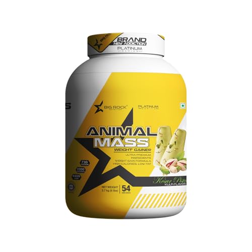 Image of BIG ROCK NUTRITION Animal Mass Weight Gainer Protein Powder for Men and Women, Increase Stamina with Natural Protein & Carbs (Kesar Pista, 2.7Kg / 6Lbs, 54 Servings)