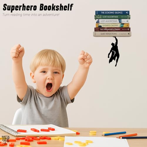 Image of Illusion Bookholder | Wall Mounted Book End | Superhero Bookshelf | Decor for Kids Room, Invisible Metal Book Holder Heavy Duty (Superman)