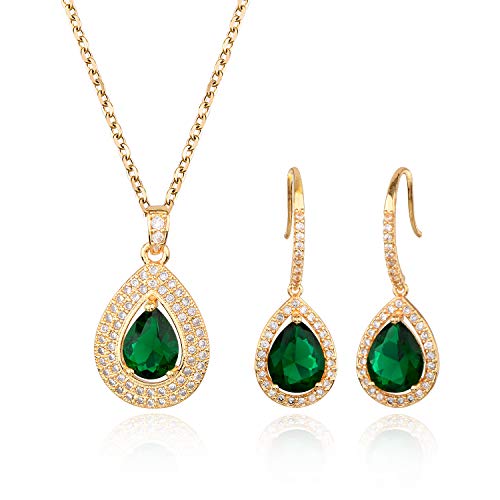 Bridal Jewelry Set for Wedding - 18k Gold Plated Teardrop Green Emerald Cubic Zirconia Crystal CZ Drop Earrings and Pendant Necklace Set for Bride Bridesmaids Mother of Bride Prom Party Formal Jewelry Set for Women