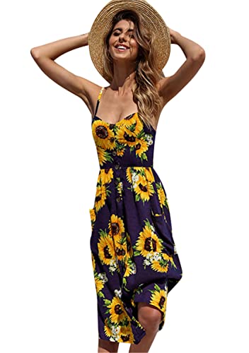 Image of YMING Womens Summer Spaghetti Strap Dresses Button Down Floral Sundress High Waist Swing Midi Dress with Pockets